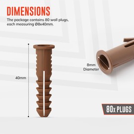 ZAVIA Plasterboard Wall Plug (80 Pcs x 8mm) | Polypropylene Plastic Brown Wall Plugs | Best Suited for Concrete, Plasterboard Fixings, Brick Wall, Picture Hanging & More