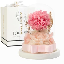 LOVAPPY Flowers: Preserved Rose and Carnation in Glass Dome - Romantic Home Decor and Gift - Fresh Bouquet, Forever Flowers, Ideal for Birthday