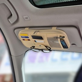 TSUGAMI Car Sun Visor Organizer, PU Leather Vehicle Sunshade Storage Pouch Holder with Multi-Pocket Net Zipper, Auto Interior Organization for Cards Pens Sunglasses, Universal Fit (Beige)
