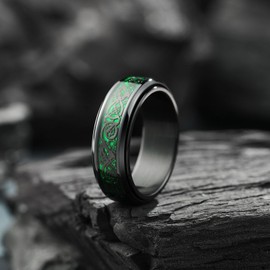 King Will Mens Spinner 8mm Stainless Steel Ring Anxiety Fidget Ring Black Celtic Dragon Green Carbon Fiber Inlay Fidget Wedding Ring 7.5