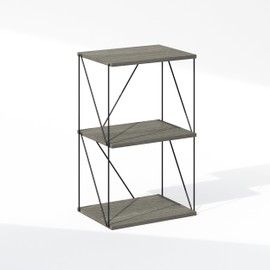 Furinno Rata 3-Tier Industrial Multipurpose Flat Base End Table with Metal Frame, French Oak Grey