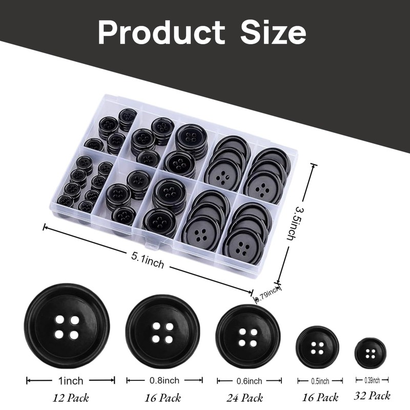 100 Pcs Black Resin Sewing Buttons, 5 Sizes 4-Hole Buttons