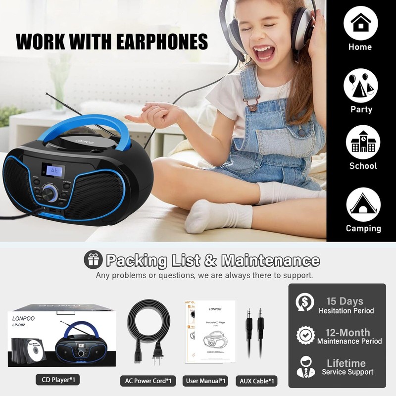 LONPOO Stereo CD Boombox Portable Bluetooth Digital Tuner FM Radio