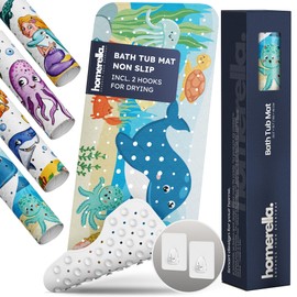Bath Tub Mat Non Slip Anti Mold for Kids BPA Free INCL Hooks - homerella® Ocean Sea Animals 40x16, Baby Bath Mat Non Slip 200 Suction Cups, Non Toxic Machine Washable Toddler Bath Mat, EU Certified