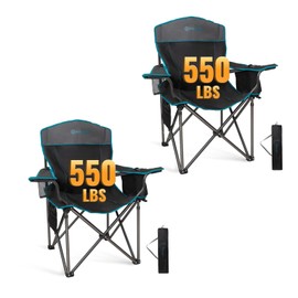 FUNDANGO Oversized Folding Camping Chair for Adults 2 Pack, 550 Lbs Portable Fish Lawn Chair with Cushion seat & Back, 4-can Cooler & Cup Holder, Carry Bag Included for Outdoor (2 Pack Black/Grey)