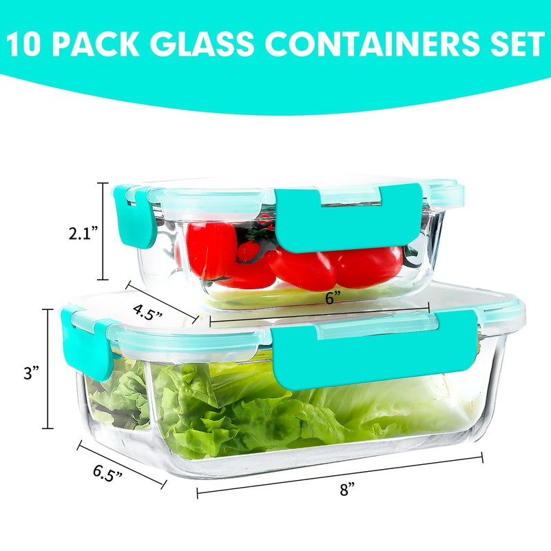VERONES 10Pack Glass Meal Prep Containers, Airtight Glass Lunch Containers,Stackable