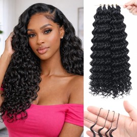 Sosihua 16 Inch 180g Deep Wave Feather Crochet Hair Pre-Looped for Black Women, 100 Strands Synthetic Pre Separated Invisible Miracle Knots Crochet Bundles, Feathered Tip Braids Extensions(#1B)