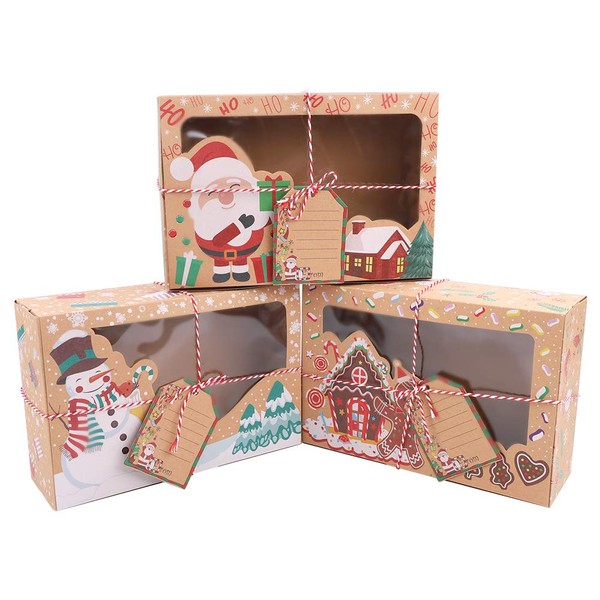 Feelava 12 Pcs Christmas Cookie Boxes with Transparent Window Paper Christmas Biscuit Boxes for Christmas Gifts (22 x 15 x 7 cm)