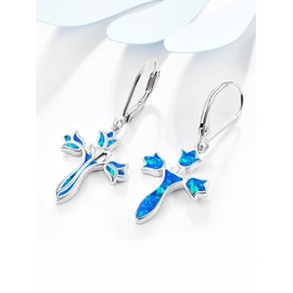 Dreamboat Sterling Silver Cross Earrings for Women Lever Back Dangle Earrings Blue Opal Flower Tulip Rose Earrings Faith Christian Confirmation Religious Jewelry for Mom