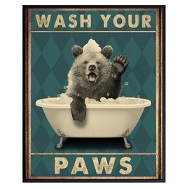 Wash Your Paws - Bear Wall Art - Funny Bathroom Decor for Women, Kids - Bathroom Pictures - Bath Wall Decor - Cute Bathroom Accessories - Powder Room - Wash Your Hands Restroom Sign - Butt Napkins