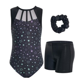 JiAmy Gymnastics Leotards for Girls, 6-7 Years Old Sparkly Sleeveless Biketards Unitards with Shorts Dance Ballet Tumbling Outfits Black Star Gymnastics Gifts