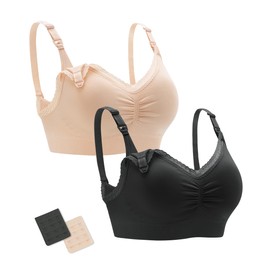 Stelle Lace Nursing Bras for Breastfeeding Seamless Pregnancy Maternity Wireless Bralette with Pads, Extenders(Black+Beige,S)