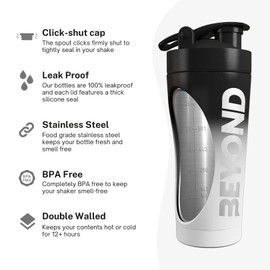 Beyond Shakers Insulated Metal Protein Shaker, Stainless Steel Supplement Bottle - BPA Free for Gym 735ml in Black & White