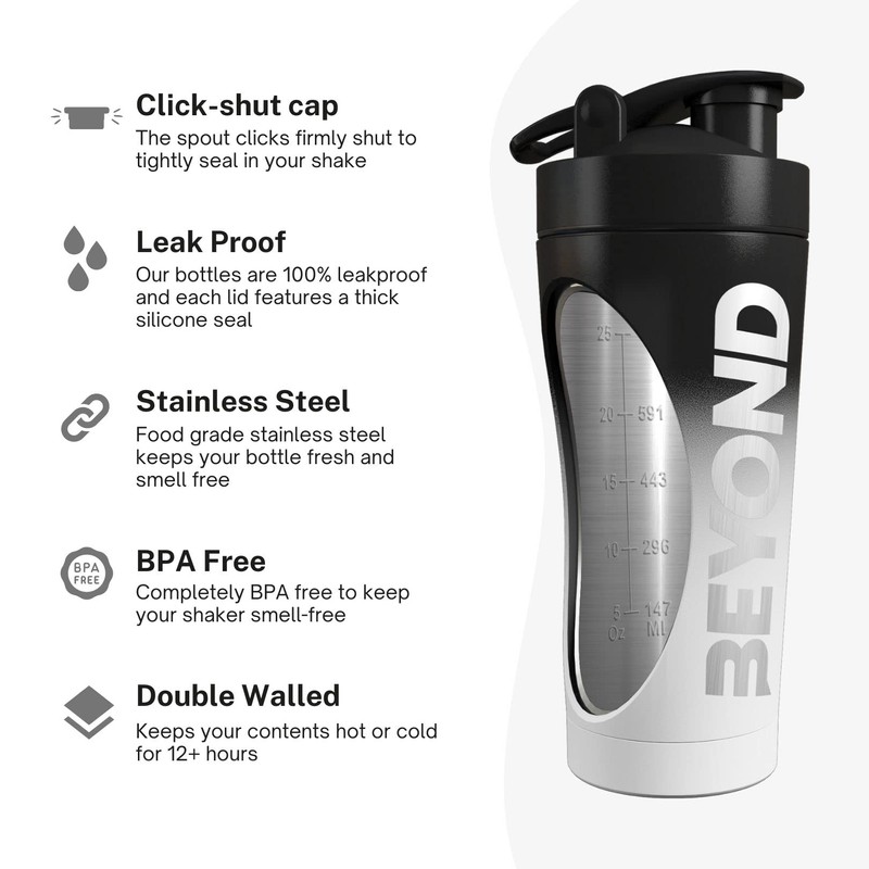 Beyond Shakers Insulated Metal Protein Shaker, Stainless Steel Supplement Bottle