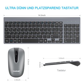 LeadsaiL Tastatur Maus Set Kabellos, 2,4 GHz USB-Empfänger Ultradünne Leise, Deutsch QWERTZ-Layout, 12 FN-Tasten Für Windows XP/7/8/10, PC, Laptop, Computer, Desktop - Grau