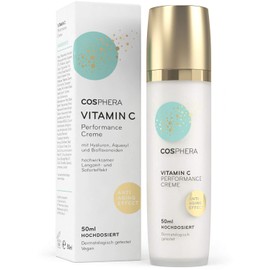 Cosphera Vitamin C Performance Creme 50 ml with Hyaluronic Acid Vegan Night- and Day-Cream, High Dosage for the Face, Neck and Eyes Anti-wrinkle Moisturiser for Men and Women