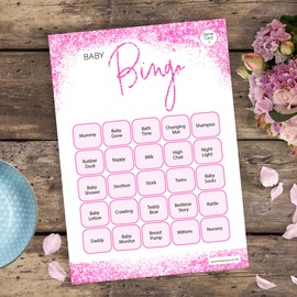 Olivia Samuel 16 Player Bingo Baby Shower Game - Pink Glitter Effect Design (16 Guest Cards + 4 Sheets of Calling Cards for The Host + Winner's Certificate)