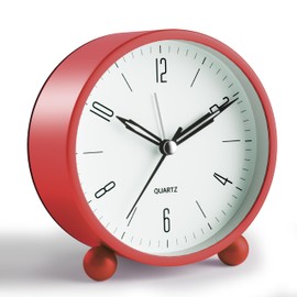 Analog Alarm Clock, 4 inch Super Silent Non Ticking Small Clock with Night Light, Battery Operated, Simple Design, Old Fashioned Style Wine-red Decor, for Bedroom, Bedside, Desk, Adult, Kid, Gift, Red