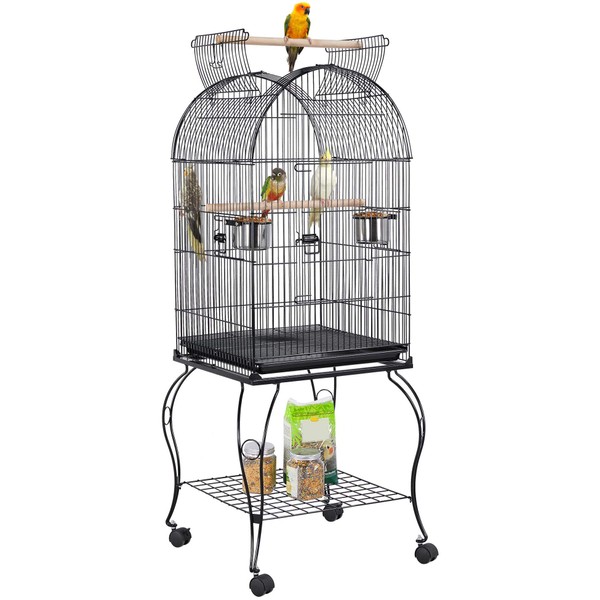 Yaheetech 59-Inch Rolling Standing Medium Dome Open Top Bird Cage for Parrots Cockatiels Sun Conures Parakeets Lovebirds Budgies Finches Canary Pet Bird Cage with Removable Stand