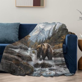Grizzly Bear Theme Blanket Gifts for Women Girls, Soft Warm Lightweight Flannel Throw Blankets for Living Room Home Sofa Travel Decor 50" x 60"