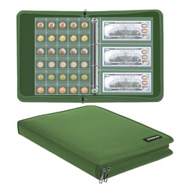 Coin Collection Book Holder for Collectors, 300 Pockets Fireproof Coin Collection Album & 36 Sleeves Money Storage Container for Coin Currency Collection Accessories, Banknotes, Pennies, Stamps (Green