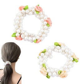 2Pcs Rose Pearl Hair Ties for Women Girls Rose Flower Hair Scrunchies Women Girls Flower Girl Hair Accessory for Bun Ponytail Holders Decorations