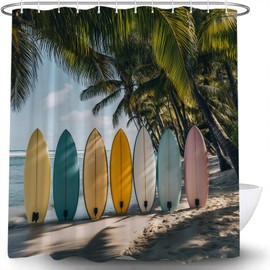 JOFKAXU Tropical Beach Shower Curtain Colorful Surfboard Palm Tree Surfing Hawaii Seaside Nature Scenery Ocean Coastal Sea Wave Bath Curtain with Hooks