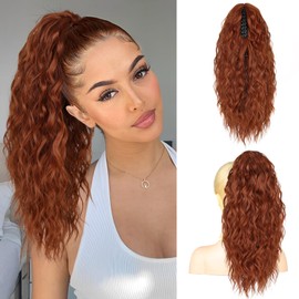 RONTAYA Ponytail Extension, Copper Red Claw Clip Ponytail Extensions for Women Multi Layered Fluffy Thick Wavy Jaw Clip in Fake Pony Tails Fake Hair Soft Synthetic Hairpiece