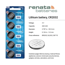 One (1) X Renata Cr2032 Lithium Watch / Key / Gadget Battery 3V Blister Packed