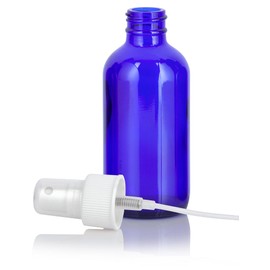 JUVITUS 4 oz Cobalt Blue Glass Boston Round Bottle with White Fine Mist Sprayer (4 pack) + Funnel I Refillable Empty Storage Containers