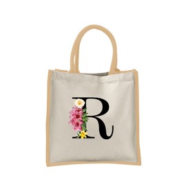Monogram Initial Canvas Jute Tote Bags for Women - Cotton Shoulder Bags, Reusable Bags for Shopping, Gift bags, Book Bag, Travel Bag, Shopper Bags - Floral Letter R - Natural - L