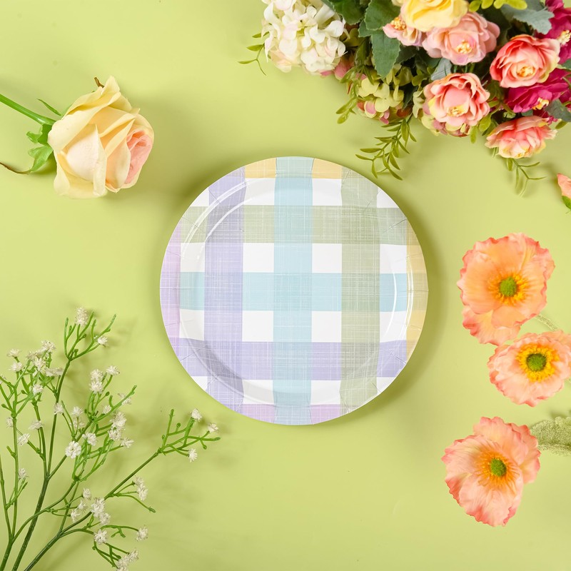 AllReal 24Pcs Spring Easter Dessert Plates Pastel Gingham Disposable Paper