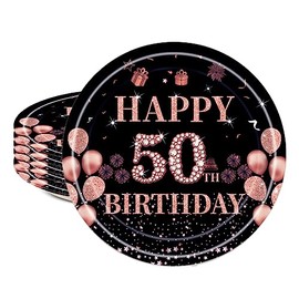 16pcs Black Rose Gold 50th Birthday Paper Plates 7inch 50th Party Table Decor,50th Women Birthday Party Paper Plates 7" Tableware,Happy 50th Birthday Tableware Plate for Her,Women,50th Party Supplies