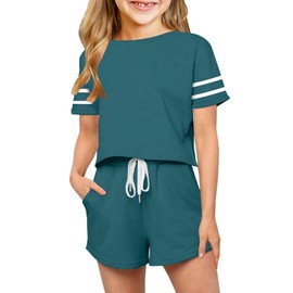 Haloumoning Girls Summer Crop Tops and Shorts Set Cute Color Block Two Piece Outfits Casual Sweat Tracksuit with Side Pockets