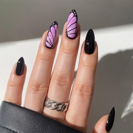 Black Press on Nails Pink Butterfly Wings Fake Nails Short Almond Glue on Nails Black Solid Color Glossy Full Cover Acrylic Nails Easy to Use Stick on Nails For Daily and Party False Nails 24 Pcs