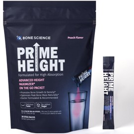 BONE SCIENCE Prime Height Powder - Daily Multivitamin Powder for Kids with Essential Nutrients Including B6, B12, C, D3, E, K, Calcium, Magnesium, and Zinc - 30 Sticks (Peach Flavor)