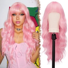 FESHFEN Long Pink Wig with Fringe for Women Natural Synthetic Wavy Curly Wavy Hair Heat Resistant Women's Wigs for Daily Party Cosplay Carnival 65 cm