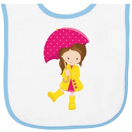 inktastic Girl in Raincoat, Girl with Umbrella, Brown Hair Baby Terry Cloth Bib White and Light Blue 460ae