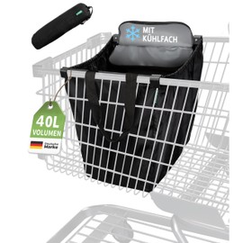 Cottara Shopping Bag for Shopping Trolley with Cooling Compartment, Foldable Shopping Trolley Bag for Hanging with Cooling Function and Shopping Chip, Ideal Bag for Shopping Trolleys and Shopper (Black with Cooling Compartment)