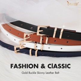 JASGOOD 4 Pack Women Skinny Leather Thin Belt Waist Belt with Gold Buckle for Jeans Pants Dress（Black+Brown+Navy Blue+Beige，Suit for Waist Size 30"-36"）