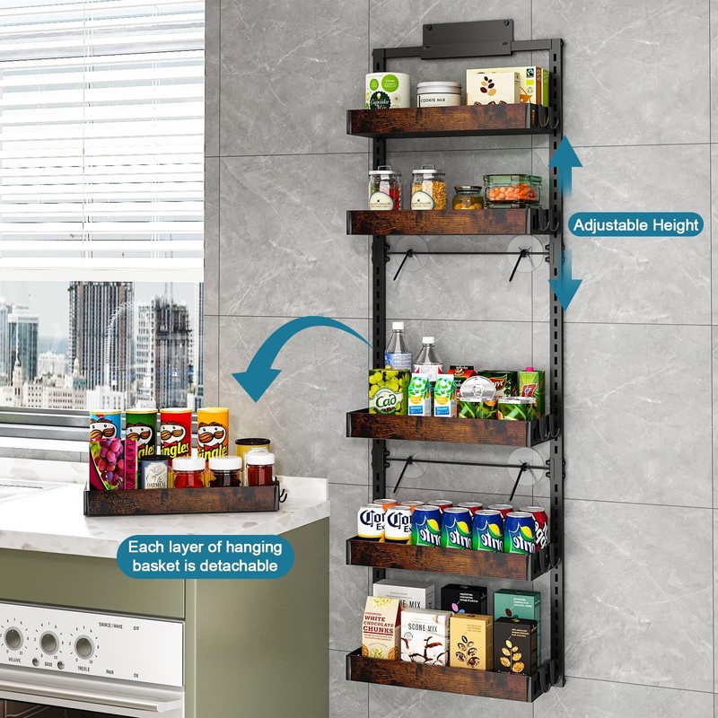 bukfen Over the Door Pantry Organizer, 6-Tier Adjustable Wooden Basket