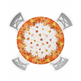 Fall Orange Pumpkin Round Fitted Tablecloth Autumn Harvest Maple Leaves Farmhouse Elastic Table Cloth Waterproof Oil Proof Thanksgiving Table Cover Fits 36"-44" Round Tables for Fall Kitchen Party