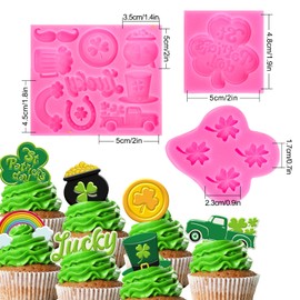 Whaline 3Pcs St. Patrick's Day Fondant Molds Shamrock Hat 3D Silicone Moulds Lucky Clover Coin Pot Truck Beer Pattern Resin Molds Cupcake Cookie Baking Decorating Moulds for Irish Holiday DIY Candy