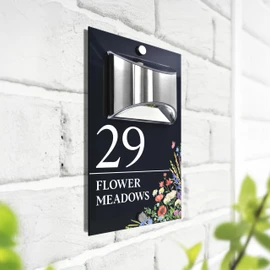 Custom Signs Solar Illuminated Modern Anthracite House Number Sign 24cm x 14.5cm Corner Flower Meadows Design