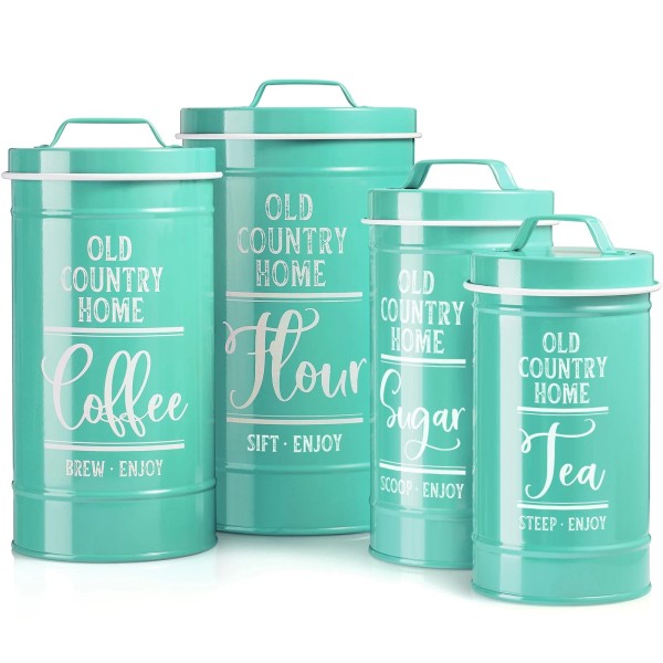 Branded Teal Kitchen Canisters Set of 4, Airtight Flour, Sugar,