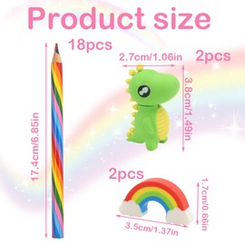 XIMKONTER Pack of 26 Rainbow Pencils 12 Pieces Children's Colouring Pencils + 12 Plastic Eraser Rainbow + 2 Pieces Dinosaur Eraser, 4-in-1 Colouring Pencils Rainbow Pencil Soft for Creative Drawing