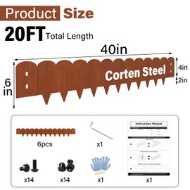 Corten Steel Landscape Edging 6 Inch Tall x L 40 Inch, Metal Edging for Landscape,Bendable Garden Edging Border,Steel Landscape Edging,Lawn Edging with Wavy Edge(Total 20 FT)