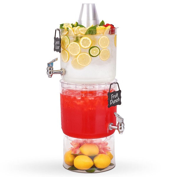 Buddeez Beverage Dispenser With Stand - (2 Count) Stackable 2 Gallon Tritan Clear Drink Dispenser, Large Party Drink Dispenser, Top Lid For Cups & Fruit, (Bonus Chalkboard ID Tag)