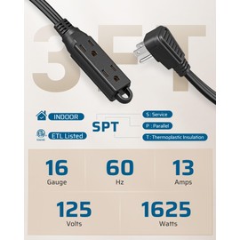 DEWENWILS - Cable de extensión de 3 salidas con enchufe plano, cable de alimentación a tierra de 3 pies de 16/3 Awg para uso en interiores, cable SPT-3, negro, listado ETL, paquete de 2