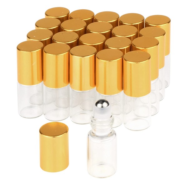 Wresty 3ml Roller Bottles 20 Pcs Clear Glass Roll on Bottles Refillable Essential Oil Perfume Rollerball Bottles Container vial (gold cap)